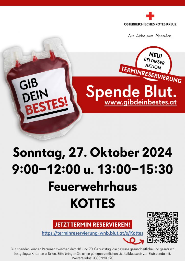 Blutspendeaktion – 27.10.2024 Feuerwehrhaus FF-Kottes